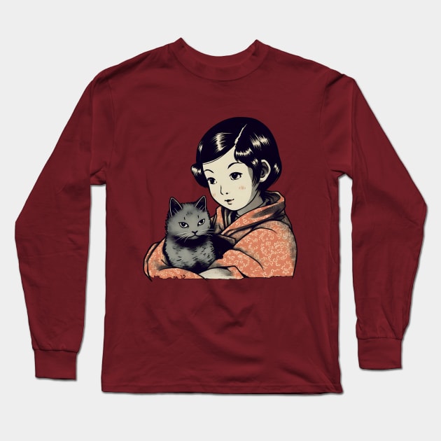 Lovely asian young girl with cat Long Sleeve T-Shirt by KOTYA